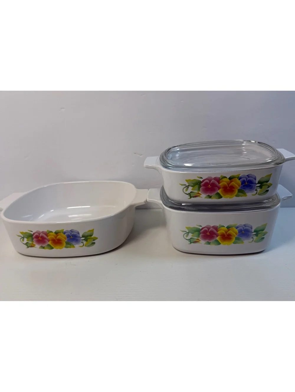 3 Vintage Corning Ware Summer Blush 2L, 1.5L & 1L Casserole Dish Pansies w/lids